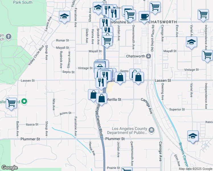 map of restaurants, bars, coffee shops, grocery stores, and more near 9852 Topanga Canyon Boulevard in Los Angeles