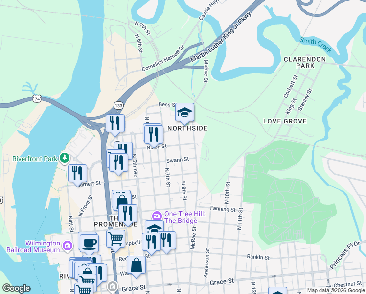 map of restaurants, bars, coffee shops, grocery stores, and more near in Wilmington