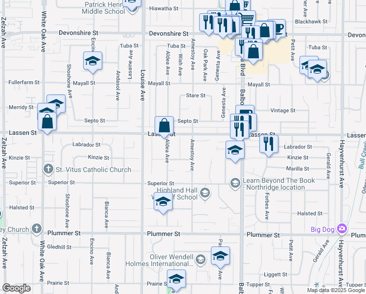 map of restaurants, bars, coffee shops, grocery stores, and more near 9826 Wish Avenue in Los Angeles