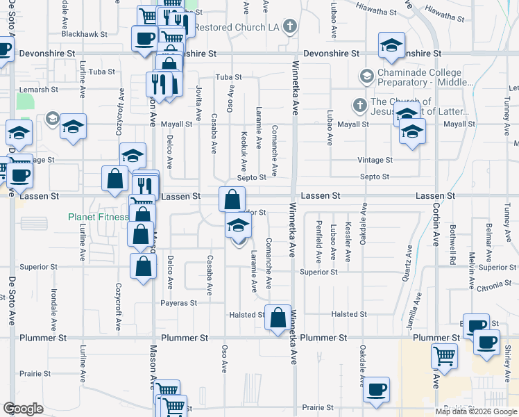 map of restaurants, bars, coffee shops, grocery stores, and more near 20215 Labrador Street in Los Angeles