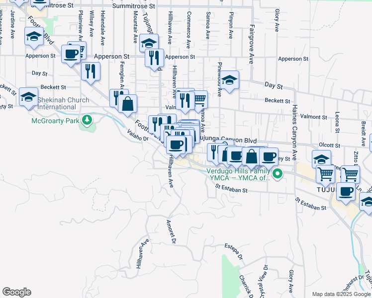 map of restaurants, bars, coffee shops, grocery stores, and more near 9930 Commerce Avenue in Los Angeles