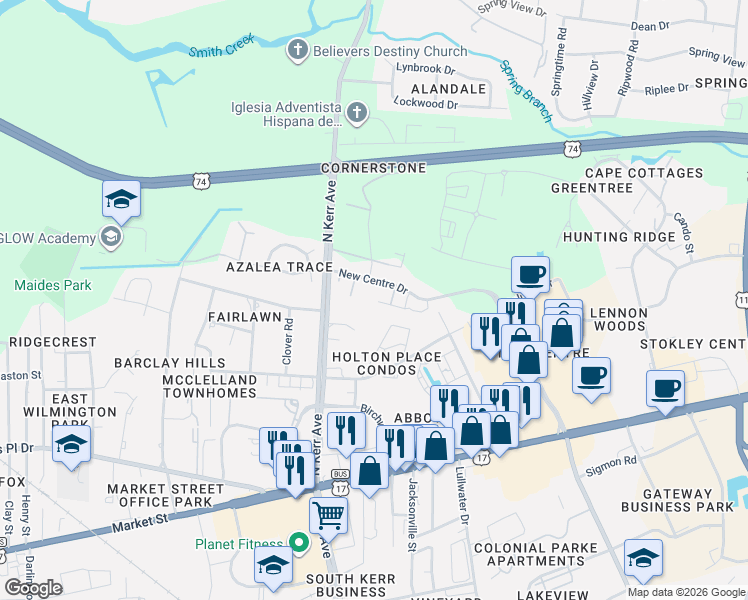 map of restaurants, bars, coffee shops, grocery stores, and more near 4500 Crawdad Court in Wilmington