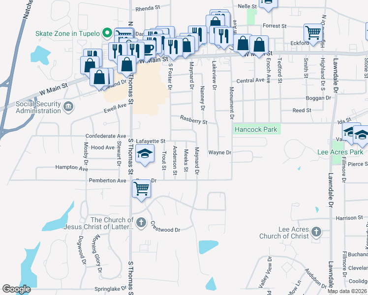map of restaurants, bars, coffee shops, grocery stores, and more near 600 Meeks Street in Tupelo