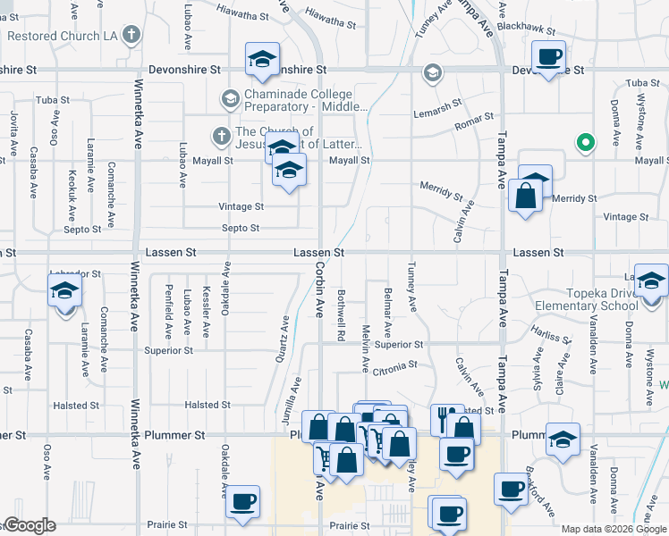 map of restaurants, bars, coffee shops, grocery stores, and more near 9847 Bothwell Road in Los Angeles