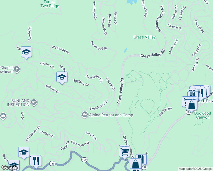 map of restaurants, bars, coffee shops, grocery stores, and more near 26633 Thunderbird Drive in Lake Arrowhead