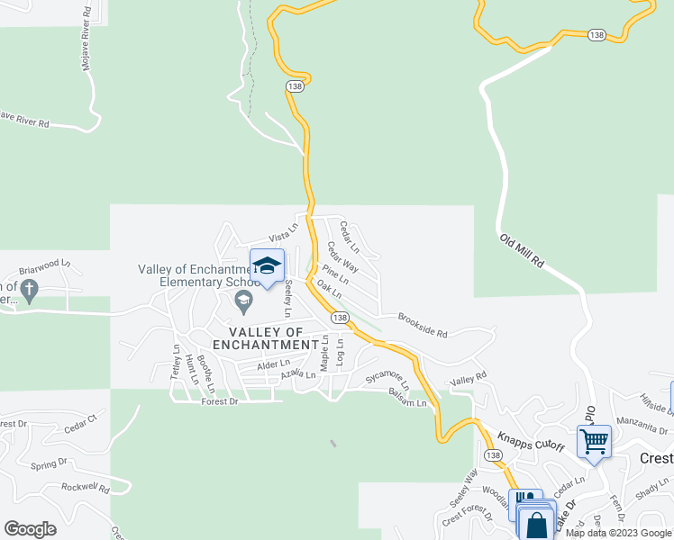map of restaurants, bars, coffee shops, grocery stores, and more near 23004 Pine Lane in Crestline