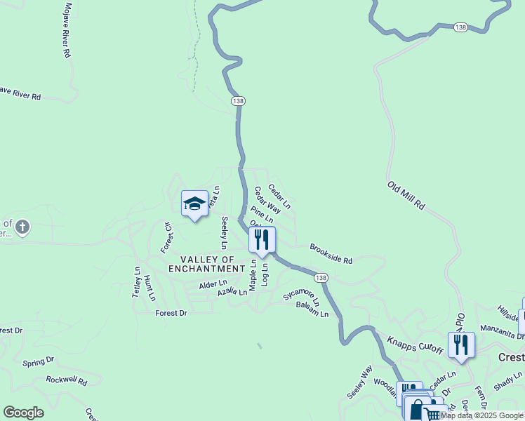 map of restaurants, bars, coffee shops, grocery stores, and more near 22992 Pine Lane in Crestline