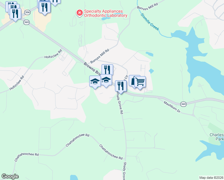 map of restaurants, bars, coffee shops, grocery stores, and more near 5020 Shady Grove Road in Cumming