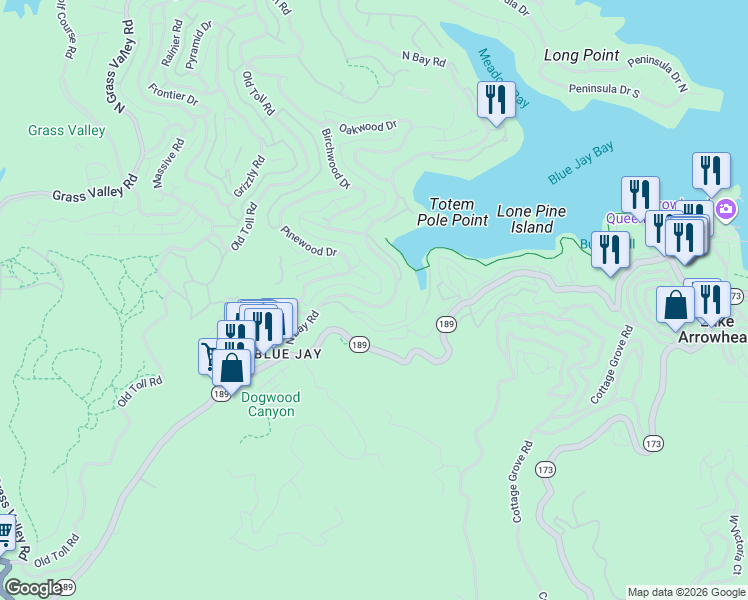 map of restaurants, bars, coffee shops, grocery stores, and more near 27342 North Bay Road in Lake Arrowhead
