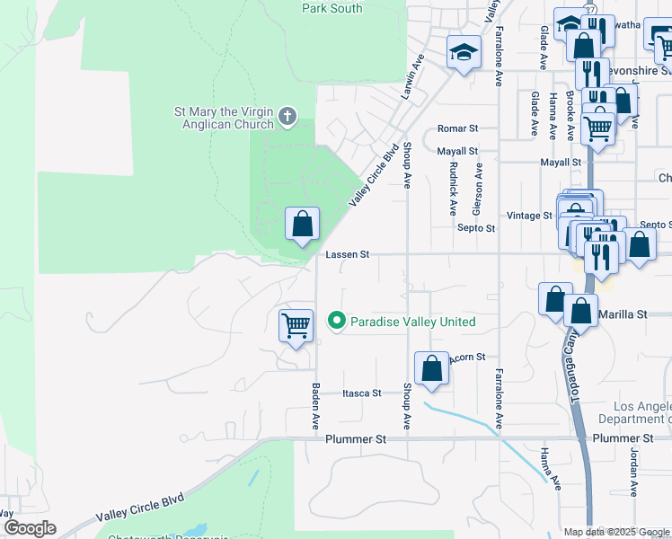 map of restaurants, bars, coffee shops, grocery stores, and more near 22546 Lassen Street in Los Angeles