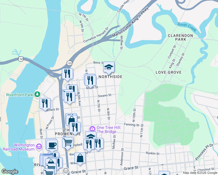 map of restaurants, bars, coffee shops, grocery stores, and more near in Wilmington