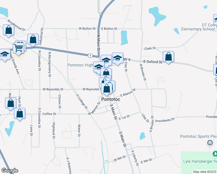 map of restaurants, bars, coffee shops, grocery stores, and more near 132 North Main Street in Pontotoc