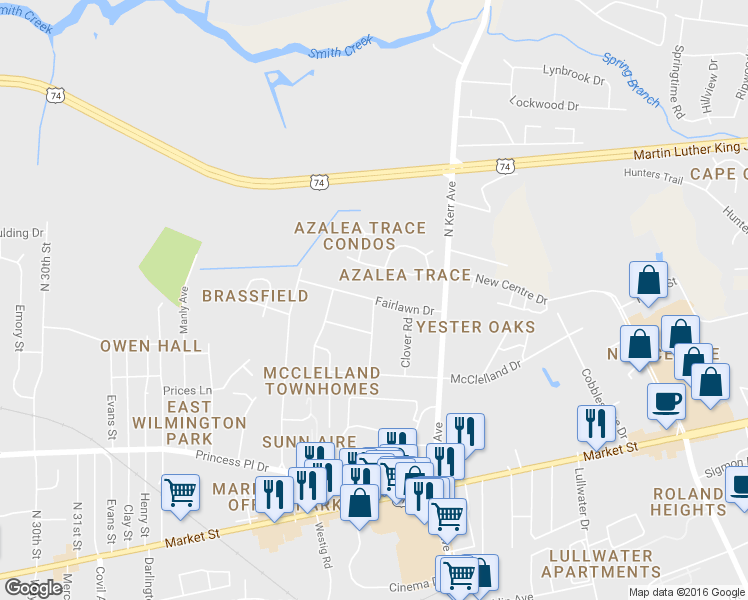 map of restaurants, bars, coffee shops, grocery stores, and more near Fairlawn Drive in Wilmington