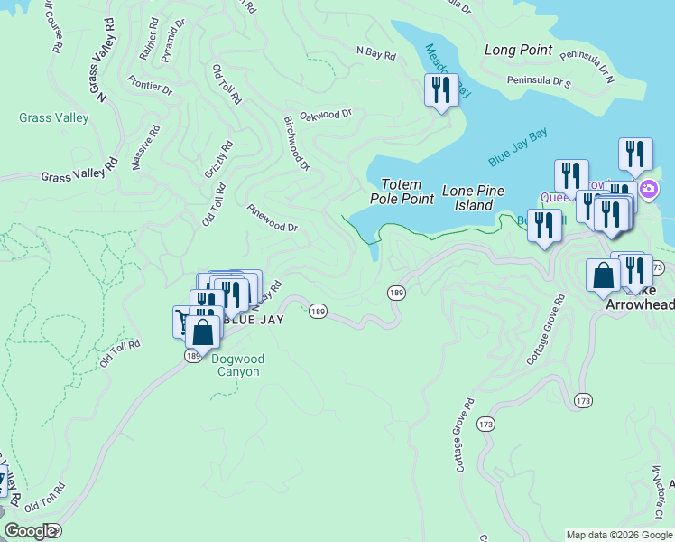 map of restaurants, bars, coffee shops, grocery stores, and more near 27342 North Bay Road in Lake Arrowhead