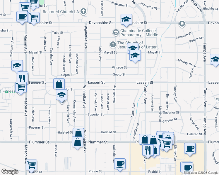 map of restaurants, bars, coffee shops, grocery stores, and more near 19923 Labrador Street in Los Angeles