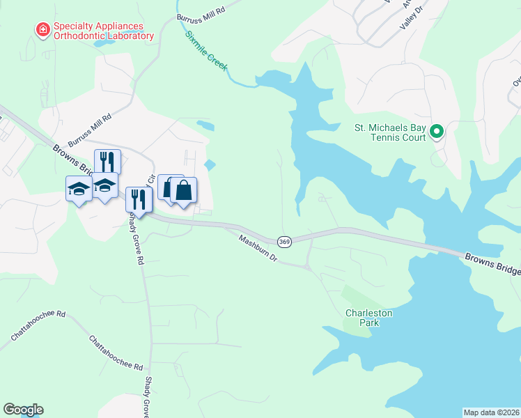 map of restaurants, bars, coffee shops, grocery stores, and more near 5325 Browns Bridge Road in Cumming