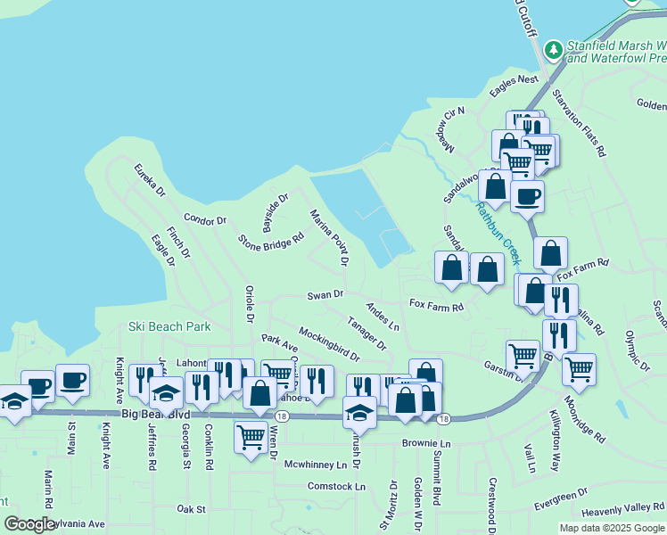map of restaurants, bars, coffee shops, grocery stores, and more near 181 Meadow View Drive in Big Bear Lake