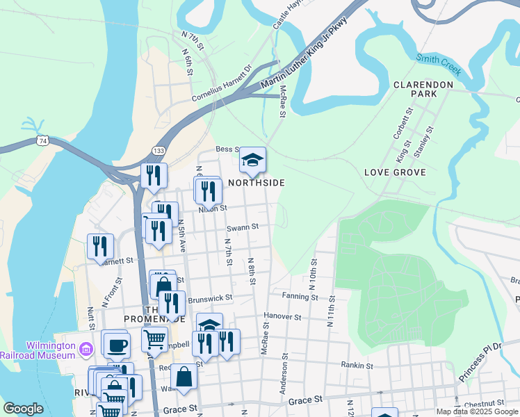 map of restaurants, bars, coffee shops, grocery stores, and more near in Wilmington