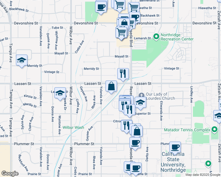 map of restaurants, bars, coffee shops, grocery stores, and more near 18627 Kinzie Street in Los Angeles