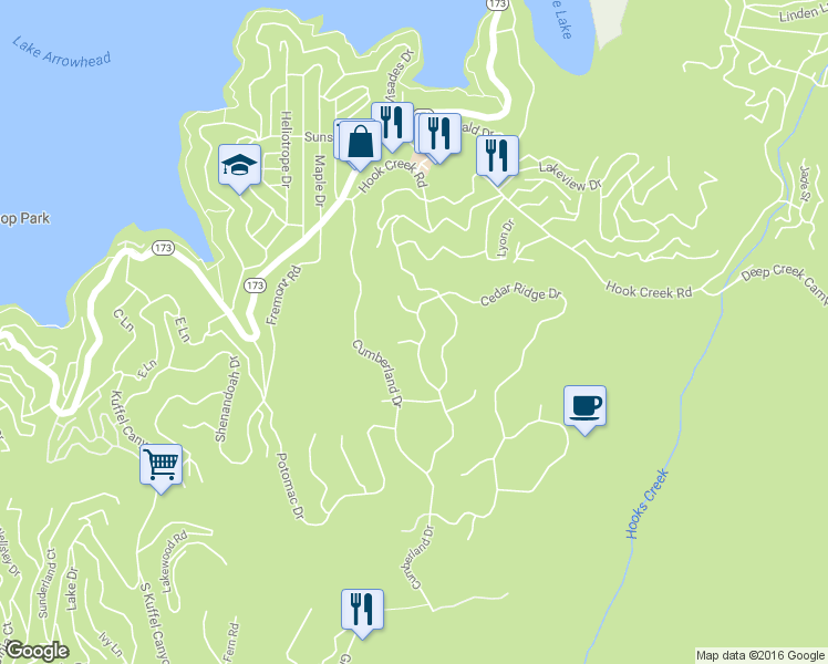 map of restaurants, bars, coffee shops, grocery stores, and more near 28980 White Dove Lane in Lake Arrowhead