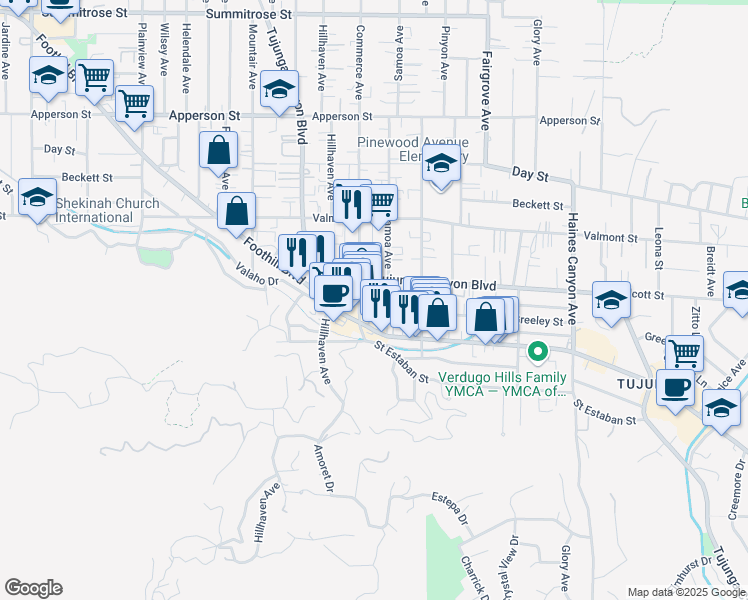map of restaurants, bars, coffee shops, grocery stores, and more near 9930 Commerce Avenue in Los Angeles