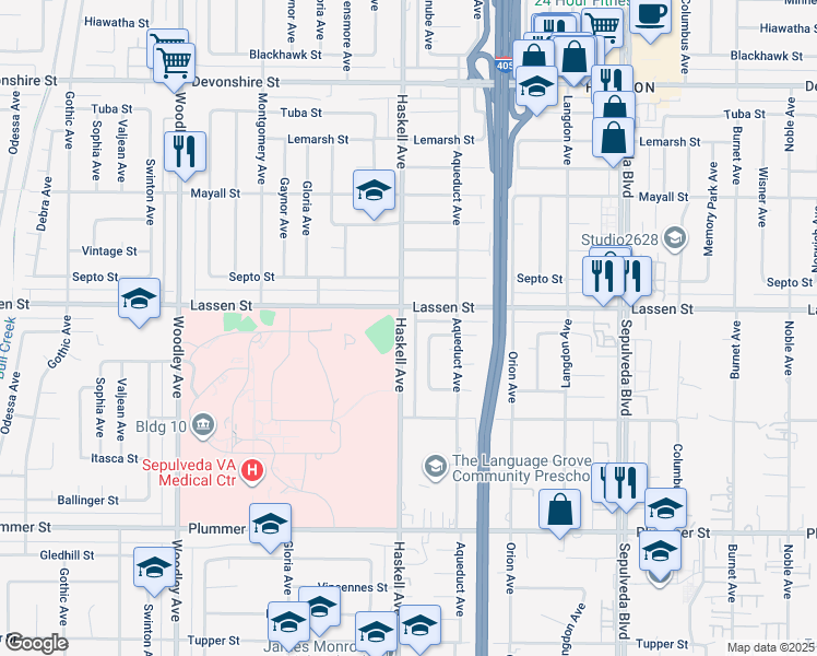 map of restaurants, bars, coffee shops, grocery stores, and more near 9848 Haskell Avenue in Los Angeles