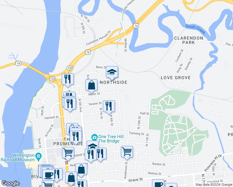 map of restaurants, bars, coffee shops, grocery stores, and more near in Wilmington