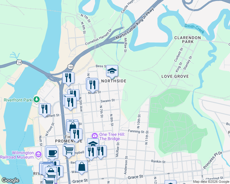 map of restaurants, bars, coffee shops, grocery stores, and more near in Wilmington