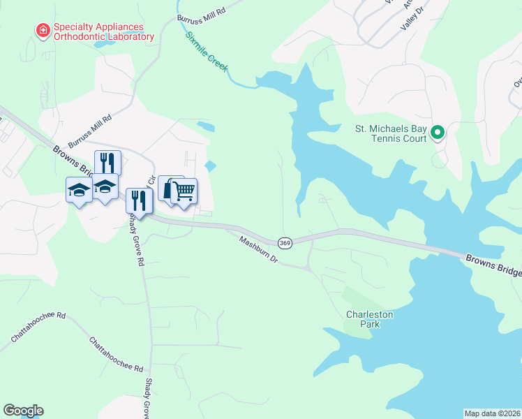 map of restaurants, bars, coffee shops, grocery stores, and more near 5325 Browns Bridge Road in Cumming