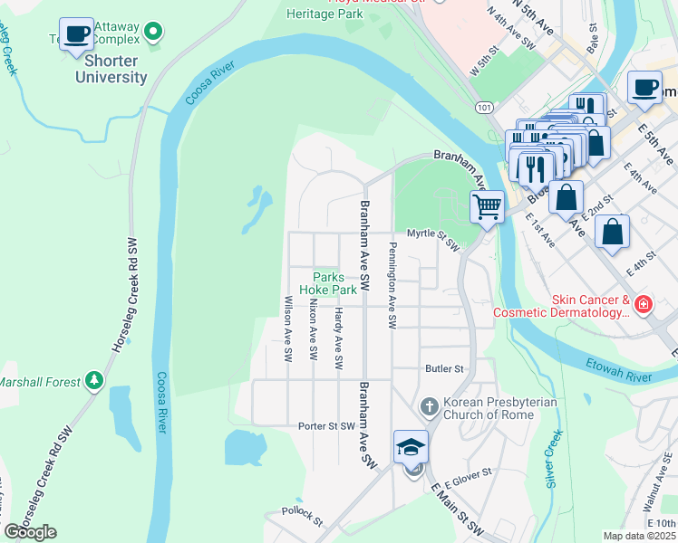 map of restaurants, bars, coffee shops, grocery stores, and more near 316 Branham Avenue Southwest in Rome