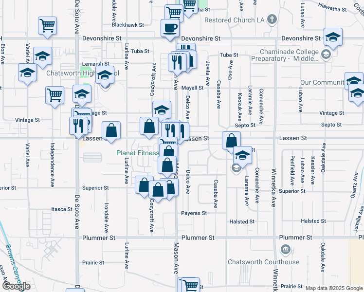 map of restaurants, bars, coffee shops, grocery stores, and more near 9850 Mason Avenue in Los Angeles