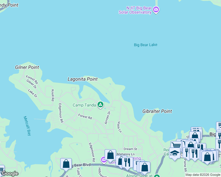map of restaurants, bars, coffee shops, grocery stores, and more near 193 Lagunita Lane in Big Bear Lake
