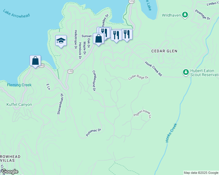 map of restaurants, bars, coffee shops, grocery stores, and more near 28980 White Dove Lane in Lake Arrowhead