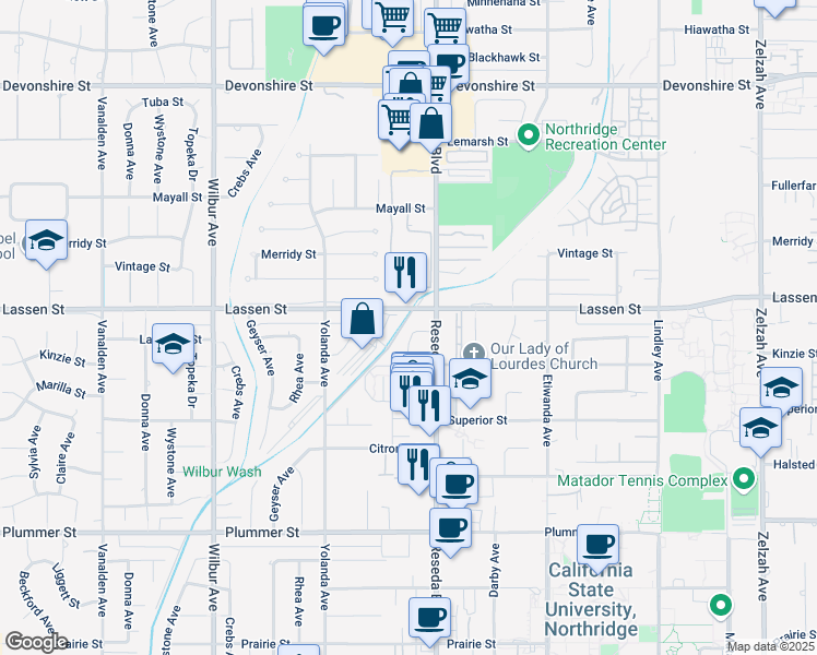 map of restaurants, bars, coffee shops, grocery stores, and more near 18519 Labrador Street in Los Angeles