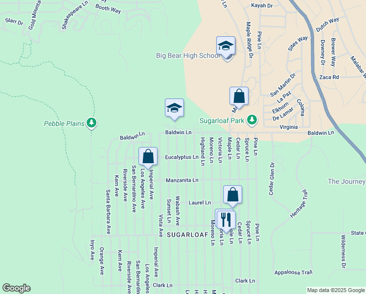 map of restaurants, bars, coffee shops, grocery stores, and more near 158 Leonard Lane in Big Bear