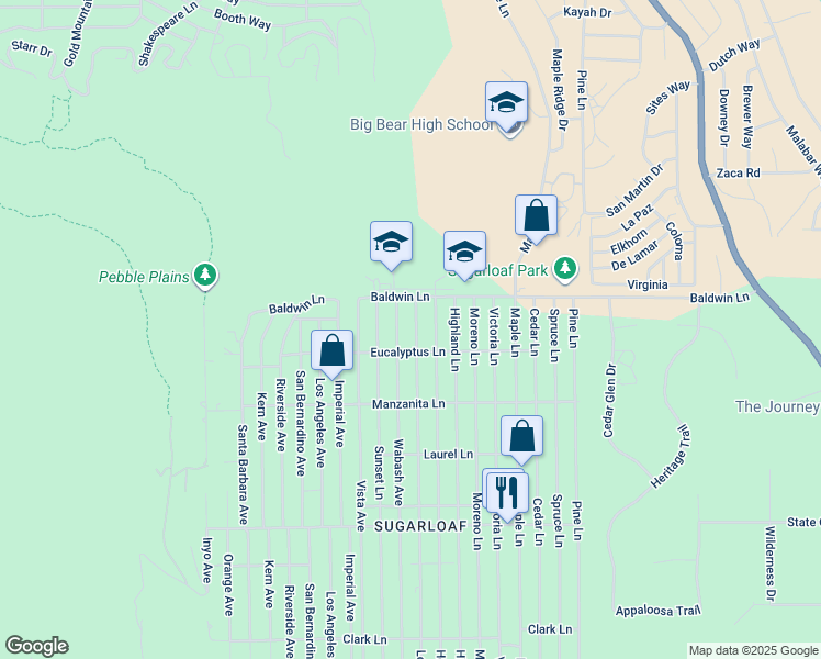 map of restaurants, bars, coffee shops, grocery stores, and more near 158 Leonard Lane in Big Bear