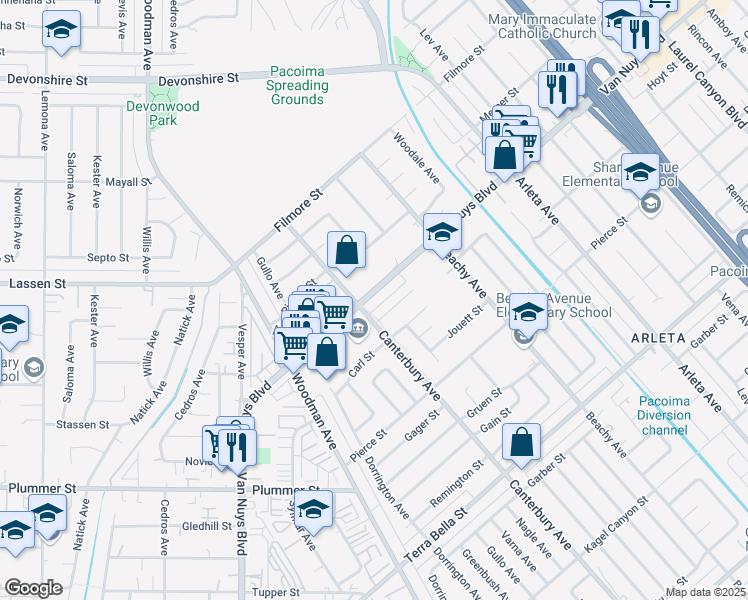 map of restaurants, bars, coffee shops, grocery stores, and more near 14300 Van Nuys Boulevard in Los Angeles