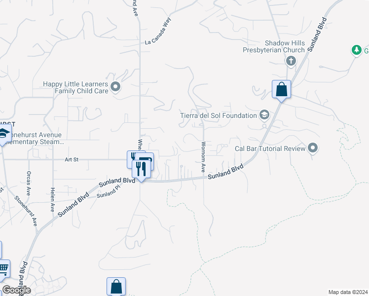 map of restaurants, bars, coffee shops, grocery stores, and more near 10285 Kalua Drive in Los Angeles