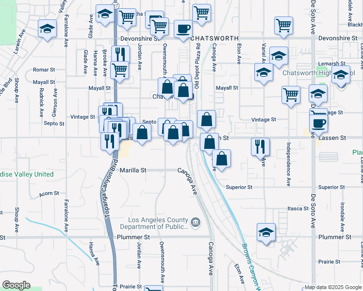map of restaurants, bars, coffee shops, grocery stores, and more near 21620 Lassen Street in Los Angeles