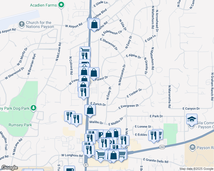 map of restaurants, bars, coffee shops, grocery stores, and more near 710 North Easy Street in Payson