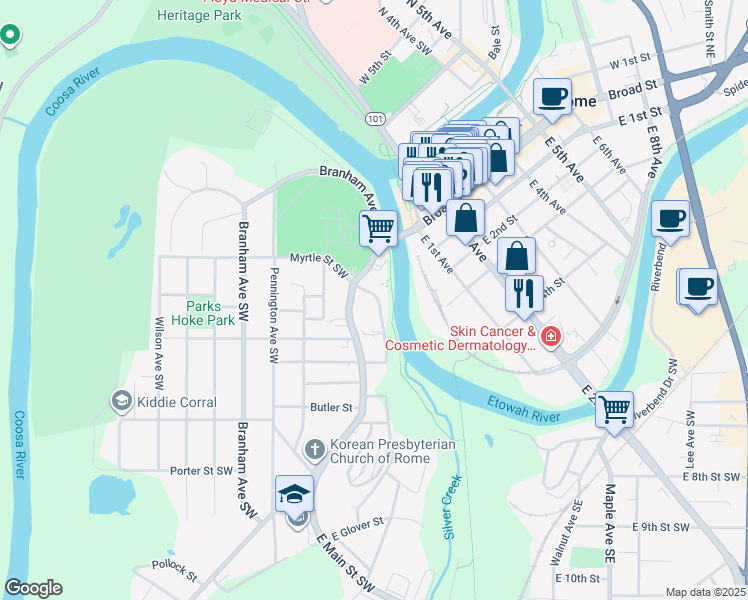 map of restaurants, bars, coffee shops, grocery stores, and more near 14 Etowah Terrace in Rome