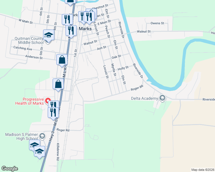 map of restaurants, bars, coffee shops, grocery stores, and more near 1029 Locust Street in Marks
