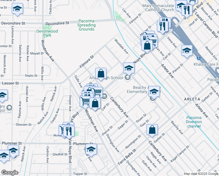 map of restaurants, bars, coffee shops, grocery stores, and more near 14300 Van Nuys Boulevard in Los Angeles