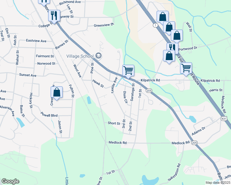 map of restaurants, bars, coffee shops, grocery stores, and more near 124 Textile Avenue in Albertville