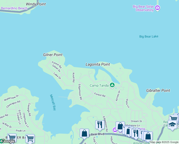 map of restaurants, bars, coffee shops, grocery stores, and more near in Big Bear Lake