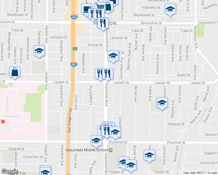 map of restaurants, bars, coffee shops, grocery stores, and more near 9850 Sepulveda Boulevard in Los Angeles
