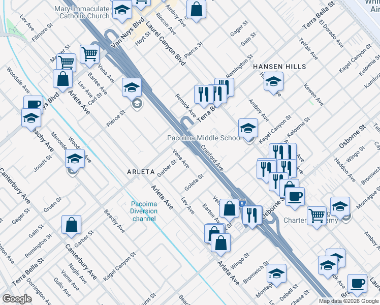 map of restaurants, bars, coffee shops, grocery stores, and more near 9851 Sharp Avenue in Los Angeles
