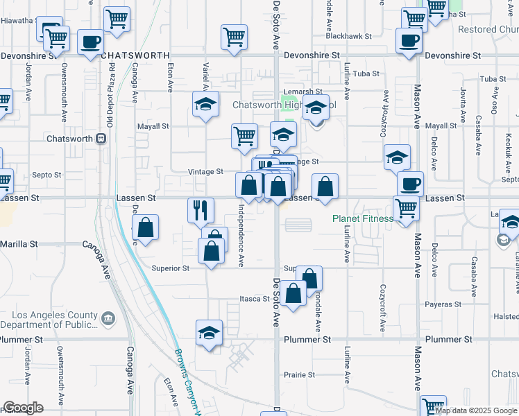 map of restaurants, bars, coffee shops, grocery stores, and more near 20950 Lassen Street in Los Angeles