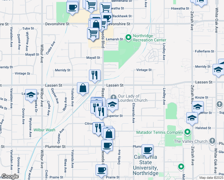 map of restaurants, bars, coffee shops, grocery stores, and more near 9839 Canby Avenue in Los Angeles