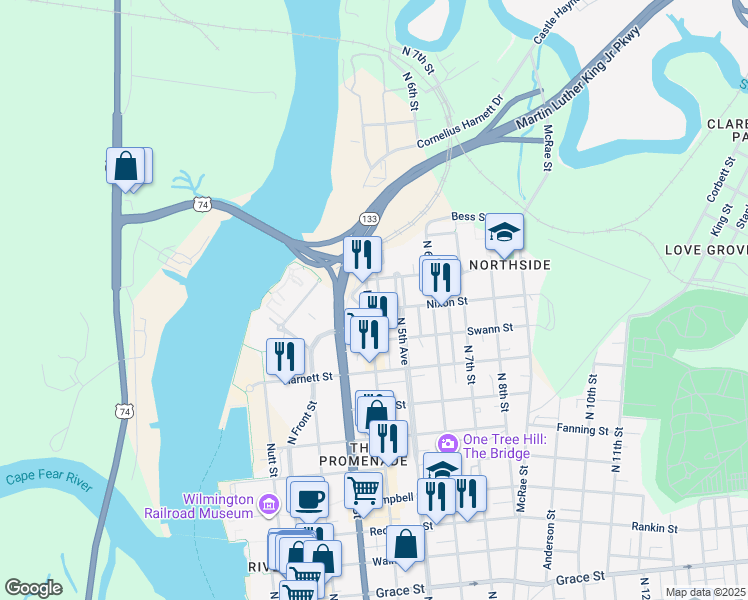 map of restaurants, bars, coffee shops, grocery stores, and more near 1200 North 4th Street in Wilmington